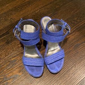 Stuart Weitzman Cobalt Blue Wedge Raffia Sandals